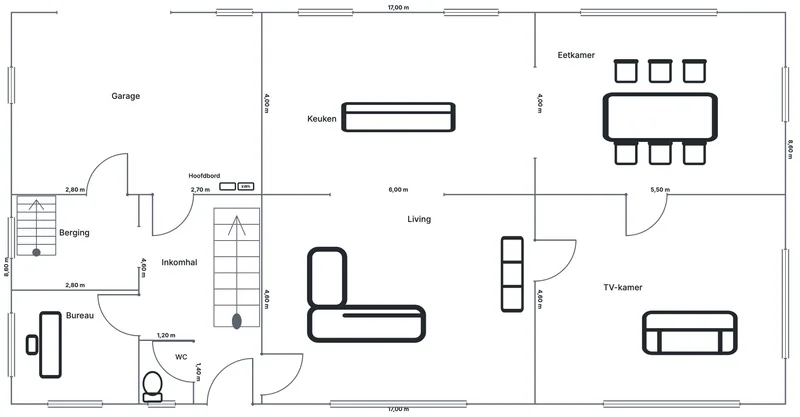 Grondplan van een gelijkvloers zonder elektrische punten: garage, berging en inkomhal met elk een trap, bureau, wc, keuken, living, eetkamer en tv-kamer, met de buitenmaten 17,00 m en 8,60 m, de maten van de ruimtes, meubels en sanitair, en in de garage het hoofdbord met de teller.