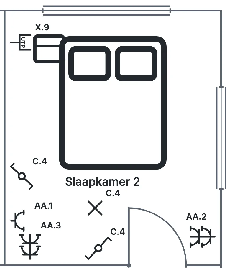 Uitsnede van een situatieschema: slaapkamer 2 met een lichtpunt C.4 in het midden, twee wisselschakelaars C.4, de stopcontacten AA.1, AA.2 en AA.3 en een datacontactdoos X.9 naast het bed.