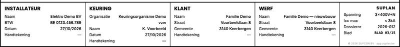 Titelblok van een situatieblad met vakken voor installateur, keuring, klant en werf, en rechts de netspanning 3×400V+N, de kortsluitstroom, het dossiernummer 2026-012 en blad 03/15.